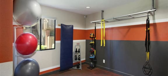 Fitness Room with resistance bands, kettle, inflatable fitness, and medicine balls
