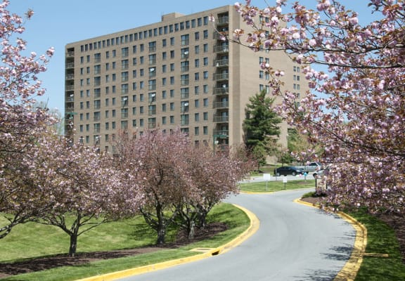 exterior with blooming trees at Remington Place Apartments in Fort Washington, MD