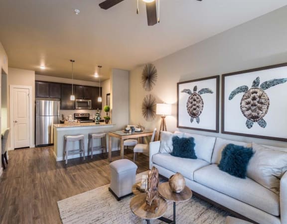 Living room with kitchen at Century Palm Bluff, Texas, 78374