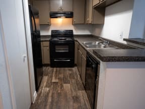 Northlake Apartments Jacksonville, Florida kitchen with dark cabinets and counter, and wood-inspired flooring