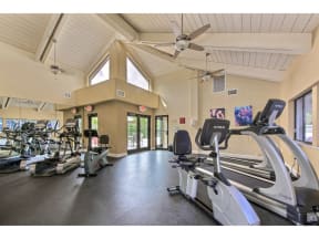Fitness center with treadmills, stationary bicycles, ellipticals, and weight machines