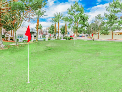 Putting green at Country Club at The Meadows Senior Apartments in Las Vegas, NV, For Rent. Now leasing 1 and 2 bedroom apartments.