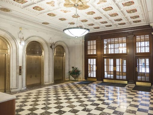 Ornate Marble Lobby with Tiffany Elevators  at Residences at Leader, Cleveland