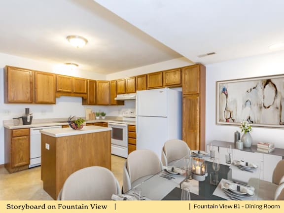 A modern kitchen with a dining table set for four.
