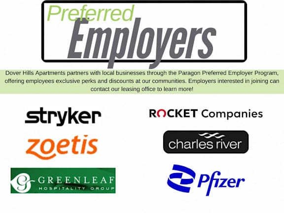 A poster advertising preferred employers of Dover Hills Apartments.