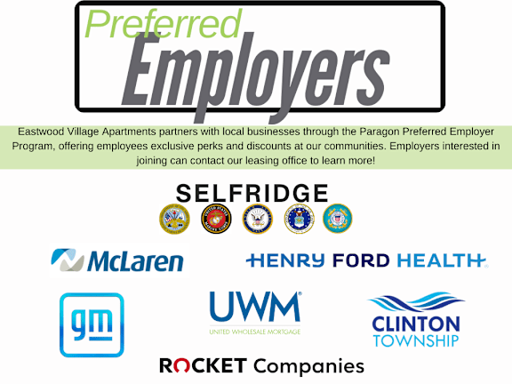 A poster advertising preferred employers for Eastwood Village Apartments.