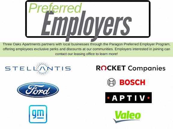 A poster advertising preferred employers of Three Oaks Apartments.