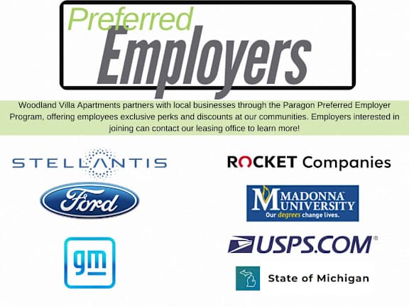A poster advertising preferred employers of Woodland Villa Apartments.
