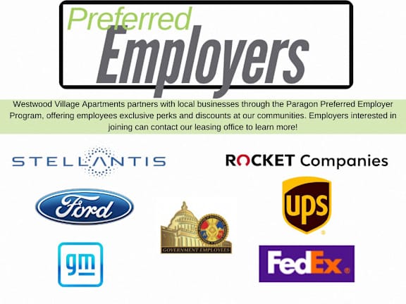 A poster advertising preferred employers for Westwood Village Apartments.