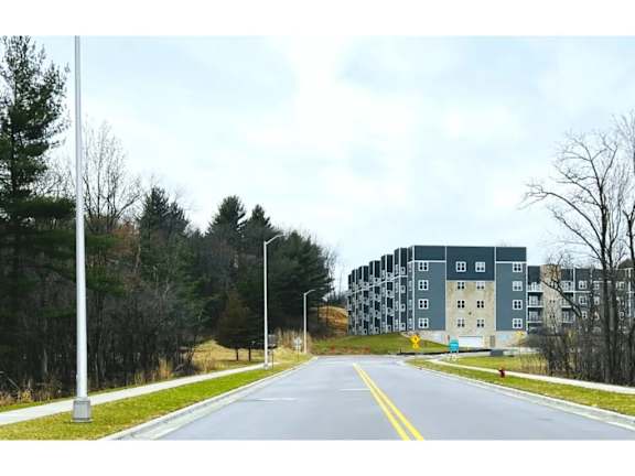 A road leading to a large grey building with trees on the side.