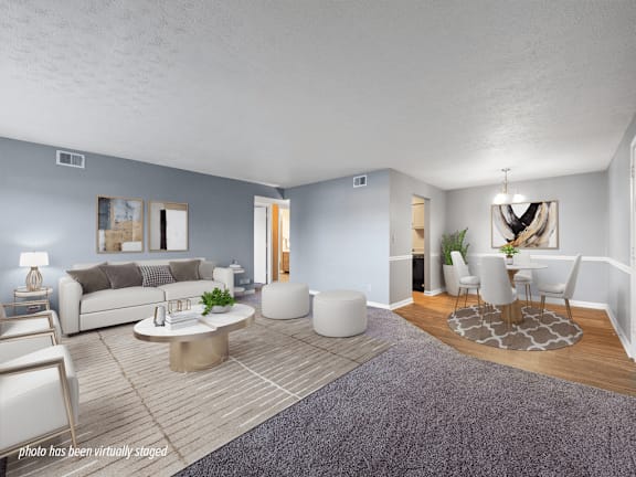 A living room with a grey couch, a white coffee table, and a grey rug.