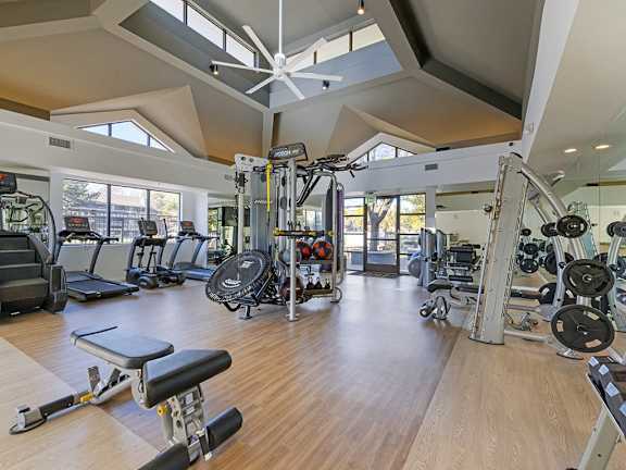 a gym with cardio machines and weights on a wood floor