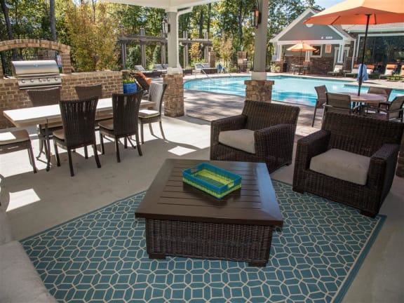 poolside grilling station and outdoor seating