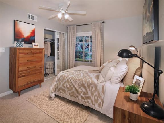 Bedroom with lush carpeting at Mirabella Apartments, Bermuda Dunes, 92203