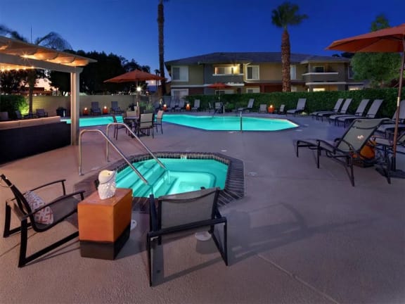 Spa at dusk at Mirabella Apartments, California, 92203