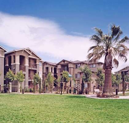 A large apartment complex with a palm tree in front.