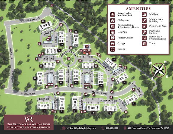 A map of The Residences at Willow Ridge, a distinctive apartment homes complex, with amenities listed on the right side.