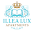 The image is a logo for Illea Lux Apartments, featuring a stylized graphic of buildings and greenery.