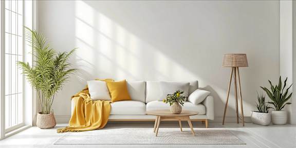 A living room with a white couch, a yellow throw, and a wooden coffee table.
