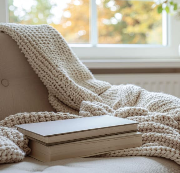 A book is covered with a white knitted blanket on a chair.
