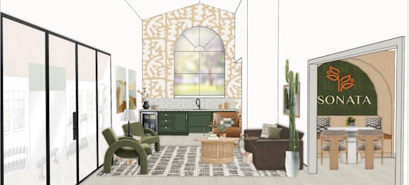 A room with a couch, chairs, and a table with a vase on it.