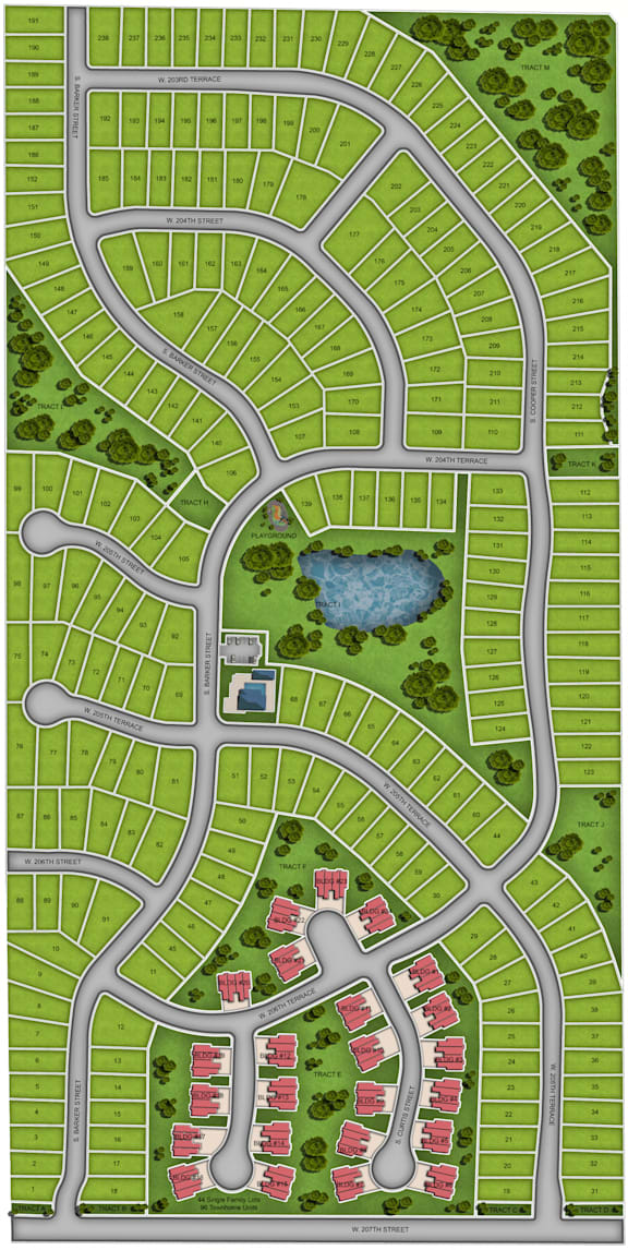 A map of a residential area with a lake in the middle.