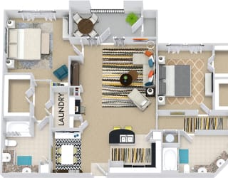 The Amsterdam 3D. 3 bedroom apartment. Kitchen with bartop open to living/dining rooms. 2 full bathrooms, double vanities. Walk-in closets. Patio/balcony.