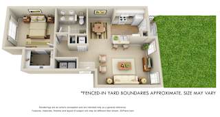 Brier Leaf with Fenced-in Yard 3D 1 bedroom apartment. Kitchen with bartop open to living & dinning rooms. 1 full bathroom, double vanity. Walk-in closet. Patio/balcony with yard. Optional fireplace.