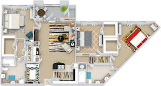 The Amsterdam 3D. 3 bedroom apartment. Kitchen with bartop open to living/dining rooms. 2 full bathrooms, double vanities. Walk-in closets. Patio/balcony.