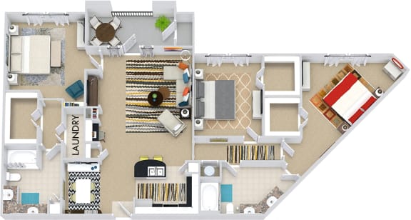The Amsterdam 3D. 3 bedroom apartment. Kitchen with bartop open to living/dining rooms. 2 full bathrooms, double vanities. Walk-in closets. Patio/balcony.