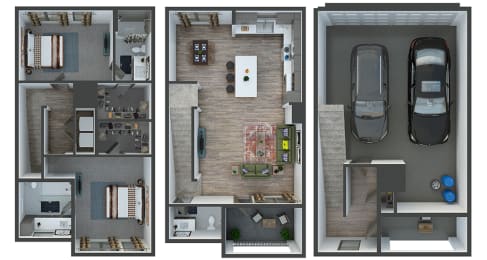 wall street 3 story townhome. 1st level garage, storage area, porch and entry foyer. 2nd level kitchen with island & pantry. living, dining, powder room, balcony. 3rd level bedrooms. washer dryer.