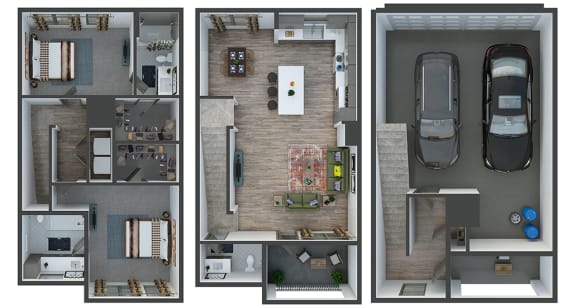 wall street 3 story townhome. 1st level garage, storage area, porch and entry foyer. 2nd level kitchen with island & pantry. living, dining, powder room, balcony. 3rd level bedrooms. washer dryer.