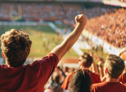 a man cheering at a football game in a stadium