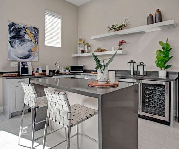 The community kitchen with a coffee machine, dishwasher, toaster, fridge, marble counters, decorative plants, with shelves with decorations, and barstool chairs at Sonoma Landing Apartment Homes. 