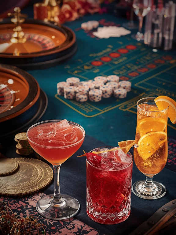 A colorful table setting with drinks and decorations.
