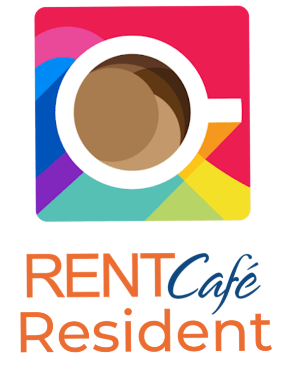 A logo with a cup of coffee and the words "RENT Cafe Resident" in front of it.