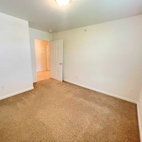 A room with a carpeted floor and a doorway leading to another room.