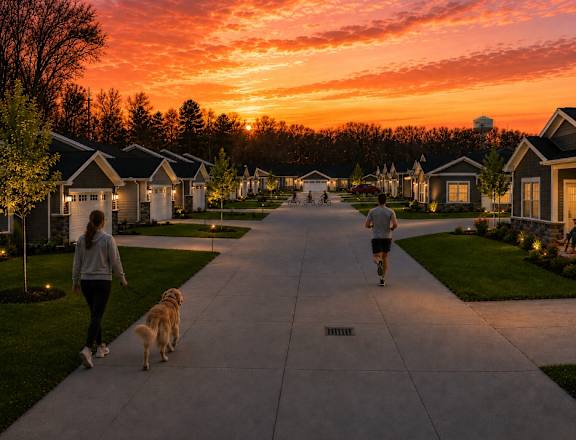 A woman walks her dog down a residential street at sunset.