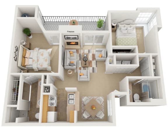 3d 2 bedroom floor plan | The Amethyst Apartments in Austin TX