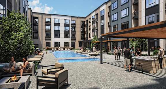 a rendering of an apartment building with a swimming pool