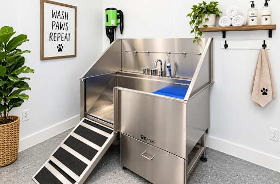 A stainless steel dog washing station with a sign that says "Wash Paws Repeat" on the wall.