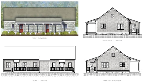 Four different elevation drawings of a house are shown.