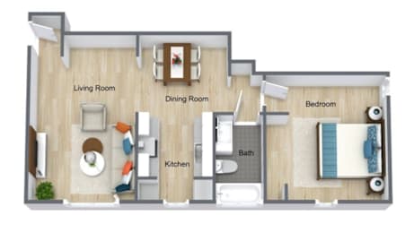 A floor plan of a one bedroom apartment with a living room, dining room, kitchen, bath, and bed.