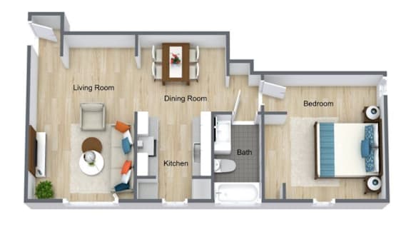 A floor plan of a one bedroom apartment with a living room, dining room, kitchen, bath, and bed.