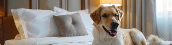 A dog is lying on a bed with white pillows.
