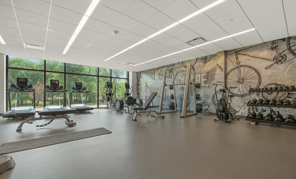 a large fitness room with a mural of a bicycle on the wall and weights on the floor