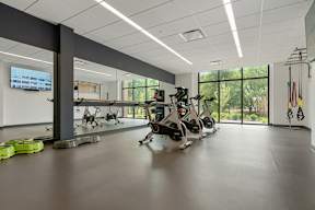 A state-of-the-art fitness center with a row of cardio bicycles, a large mirror, and panoramic windows with views of green space. at Keva Flats, Exton, PA, 19341