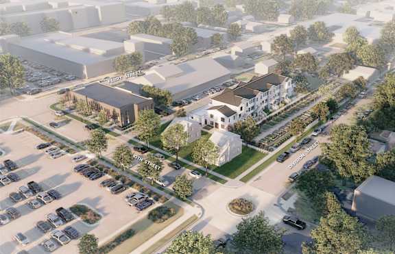 A rendering of a commercial area with a large building in the center.
