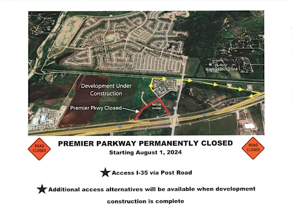 A map shows the Premier Parkway permanently closed starting August 1, 2024.