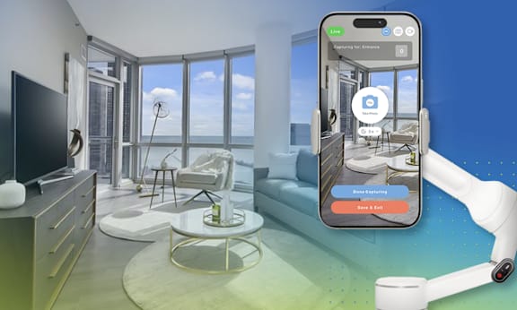 A smartphone app interface is displayed on a phone screen, showing a room with a sofa, a chair, and a table.
